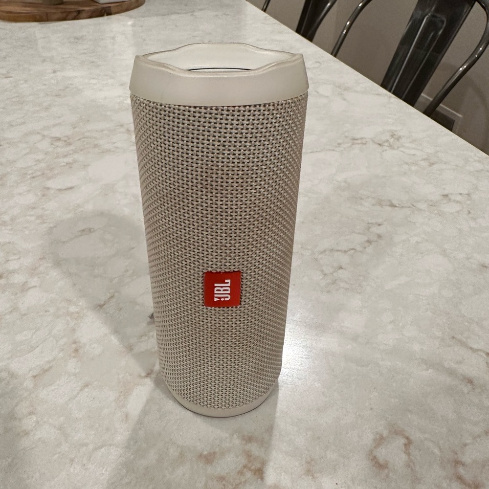 JBL FLIP 4 from 2019. Color white. Doesn’t hold charge for that long.